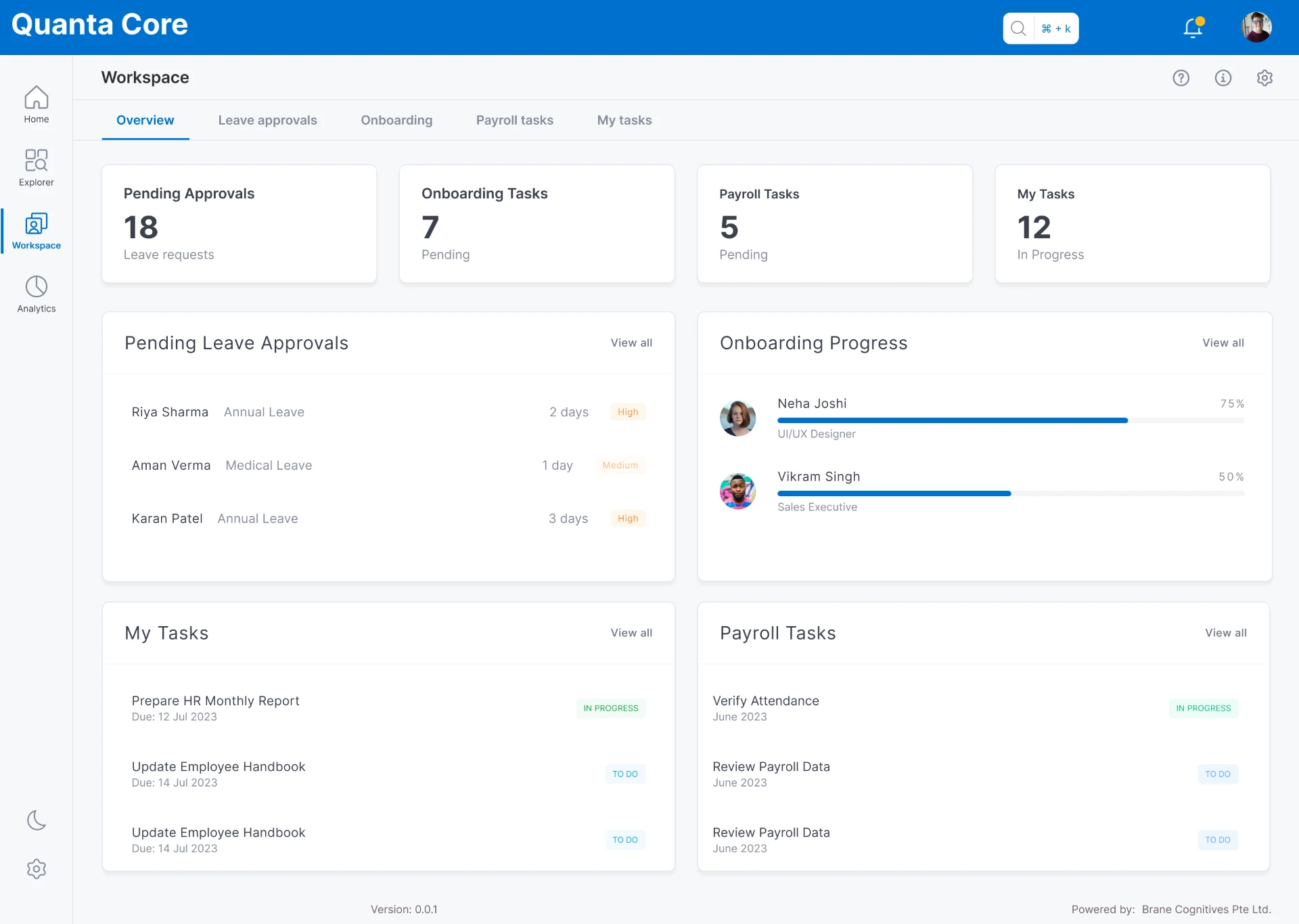 Workspace overview with approvals and tasks