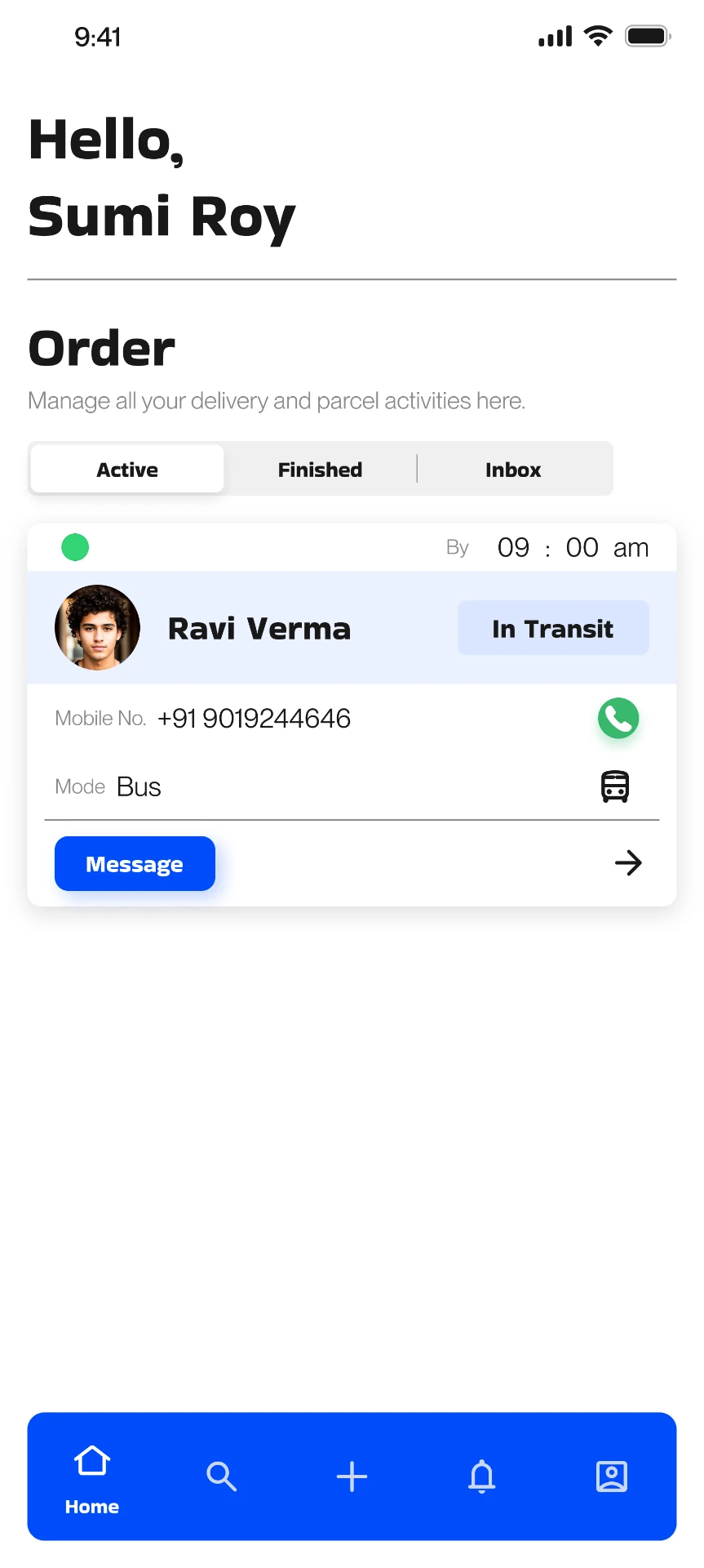 Sender home with active order card