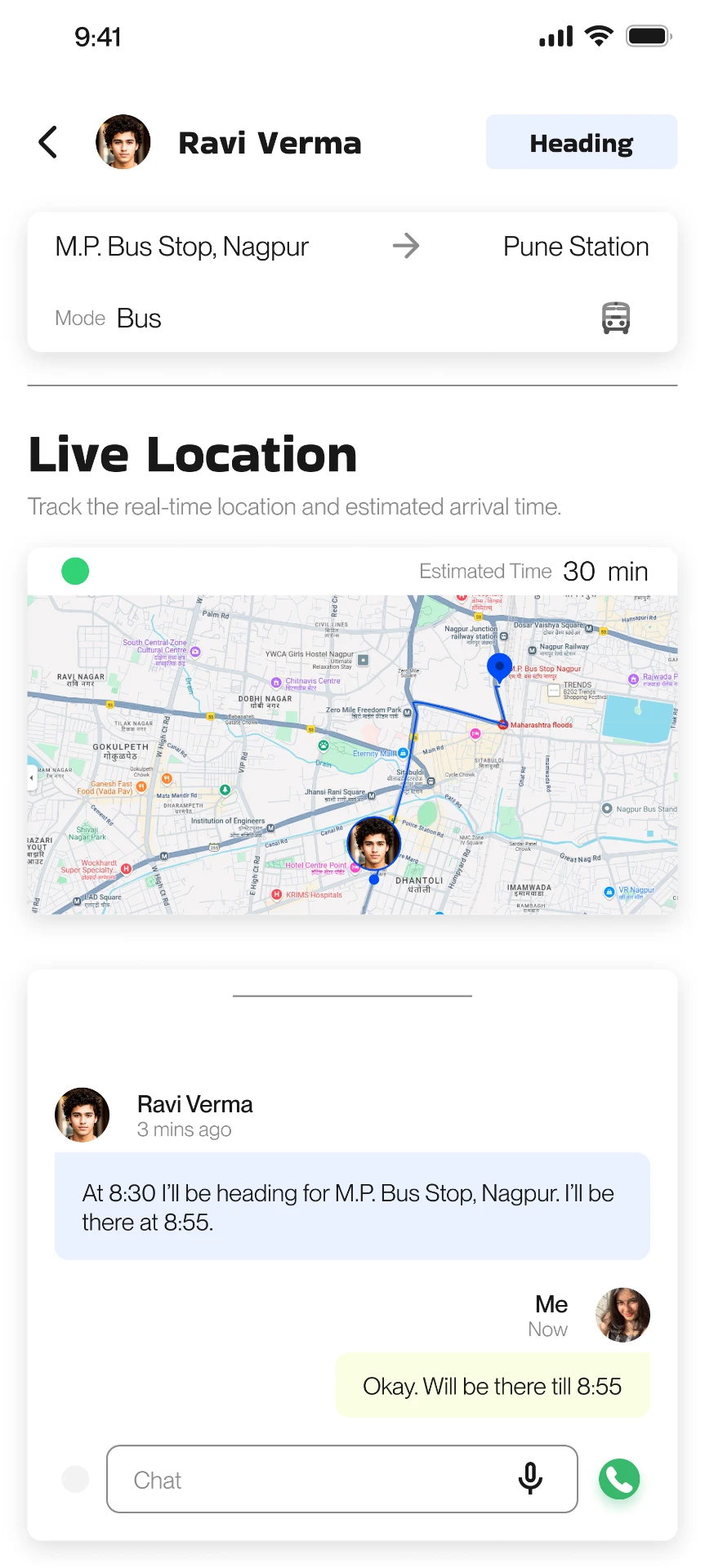 Live location tracking and in-app chat