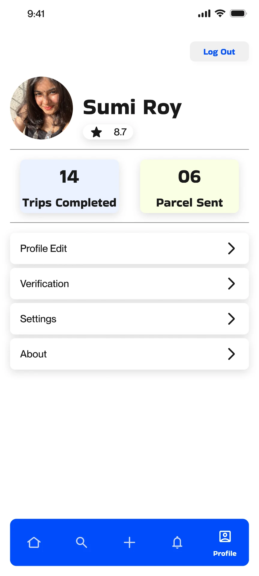 User profile with trips and parcels