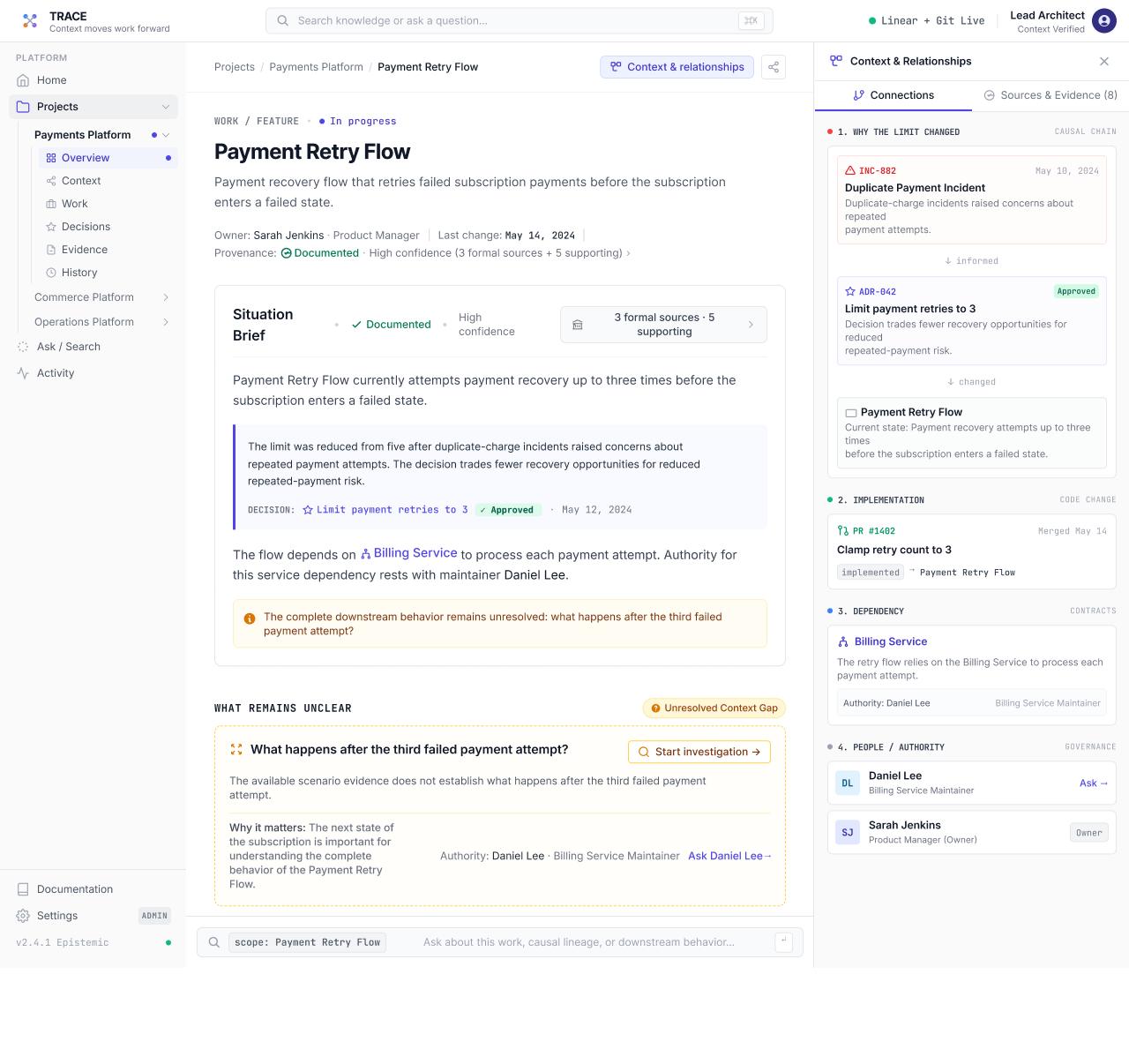 Trace payment retry flow context screen